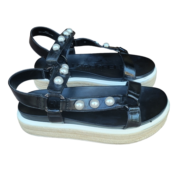 KarlLagerfeldWomensBlackStuddedAnkle StrapRoundToePlatformLeatherShoeSize 10M - Picture 5 of 9